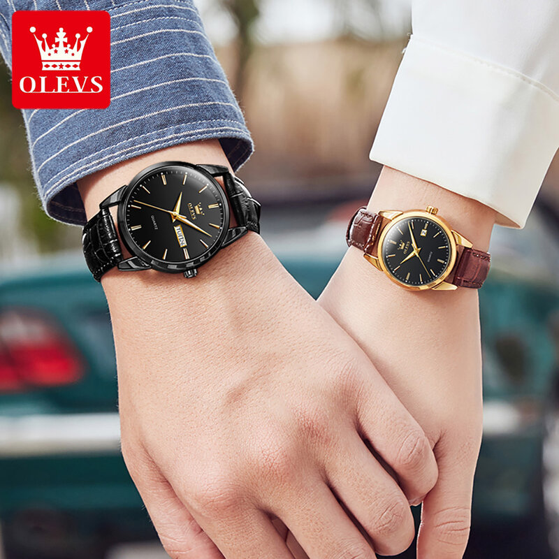OLEVS coppia orologi moda cinturino in pelle orologi al quarzo per donna e uomo semplice data settimana quadrante orologio da polso coppia impermeabile