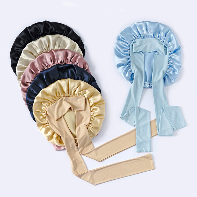100% murni Bonnet sutra murbei untuk wanita topi tidur besar untuk perawatan rambut dengan ikat elastis untuk rambut kepang panjang keriting