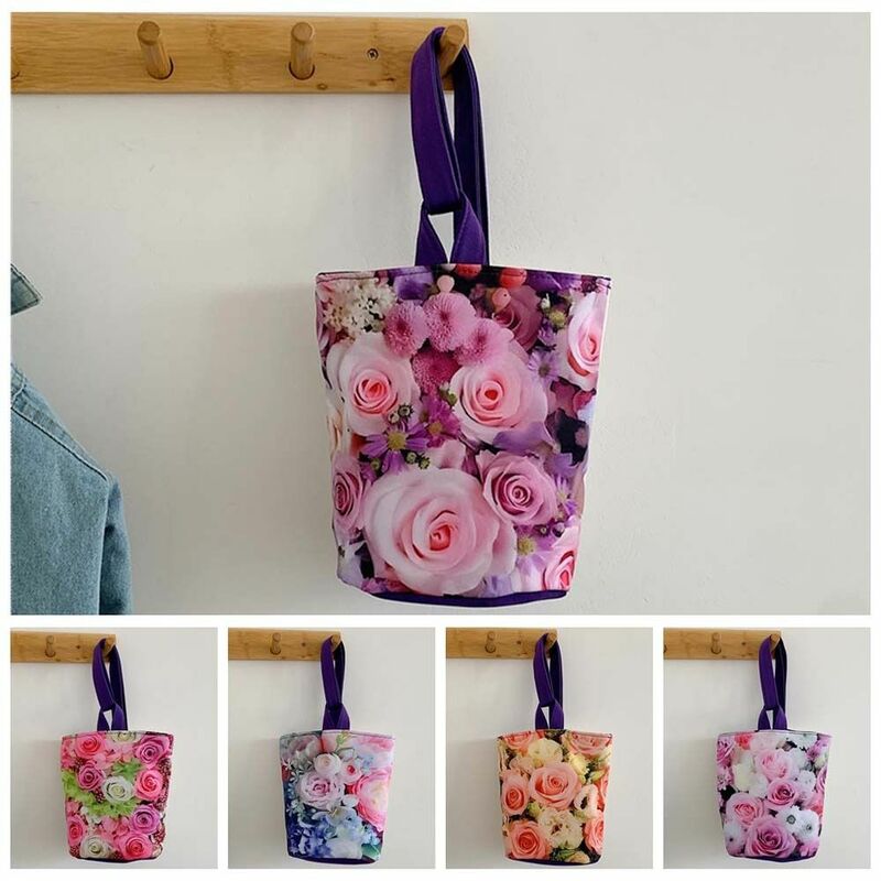 Rose Flower Flower Bucket Bag Fashion Print Handbag Portable Mommy Bag Large Capacity Shopping Bag Canvas Tote Bag Female/Girls