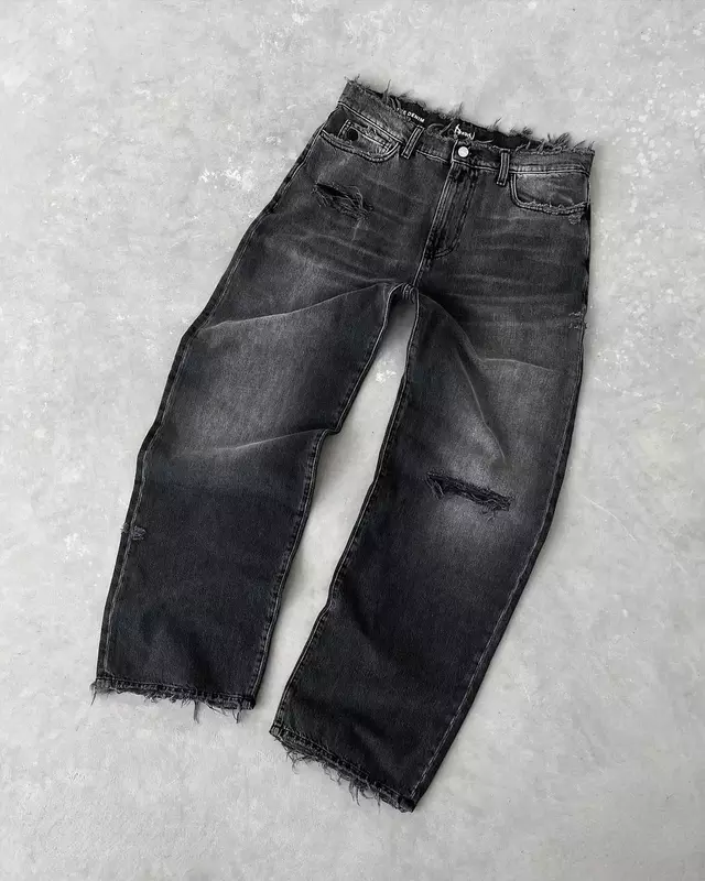 Street Y Y 2K Zwarte Jeans Retro Borduurwerk Rechte Baggy Jeans Harajuku Hiphop Fashion Gothic Gescheurde Grote Taille Denim Broek