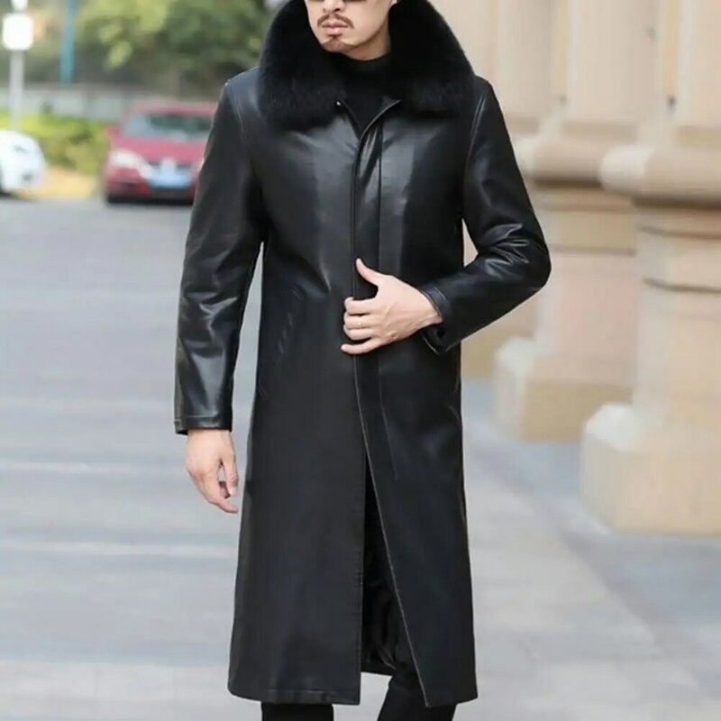 Slant Pocket Men Jacket Stylish Men's Fleece-lined Leather Jacket Lapel Windbreaker with Pockets Single for Autumn/winter