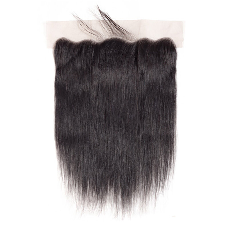 Frontal de encaje transparente liso para mujer, cabello humano brasileño Remy, parte libre de oreja a oreja, negro Natural, 13x4