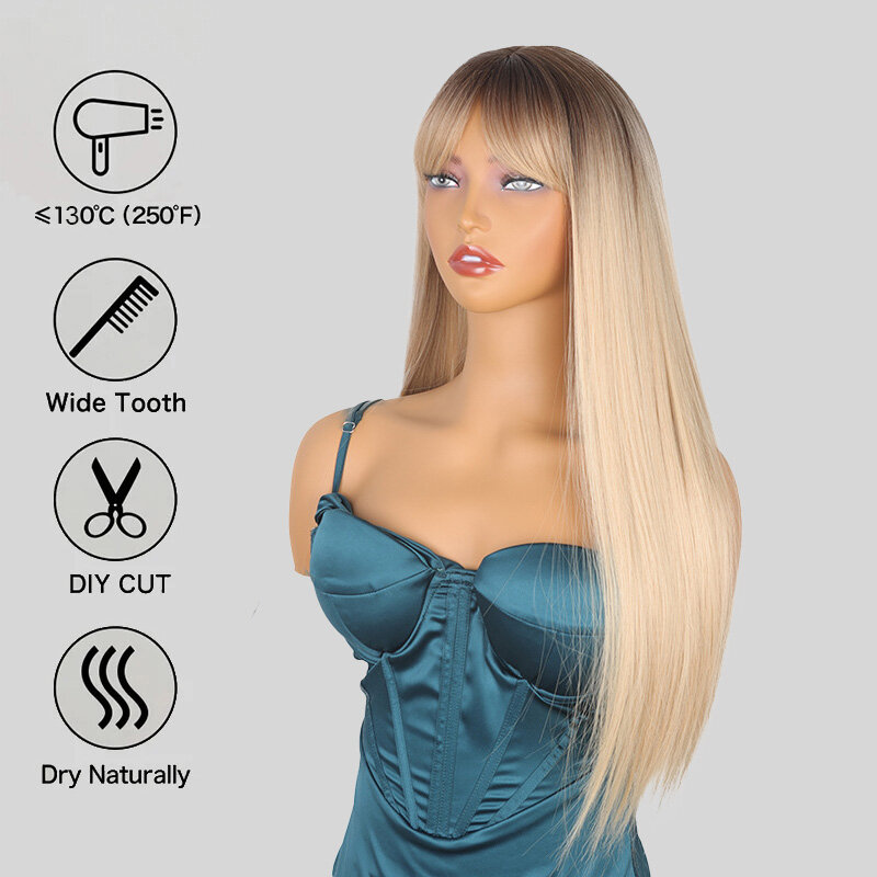 SNQP 28 cali proste włosy z grzywką nowe stylowe włosy peruka dla kobiet codziennie na imprezę Cosplay odporne na wysoką temperaturę włókna wysokotemperaturowe