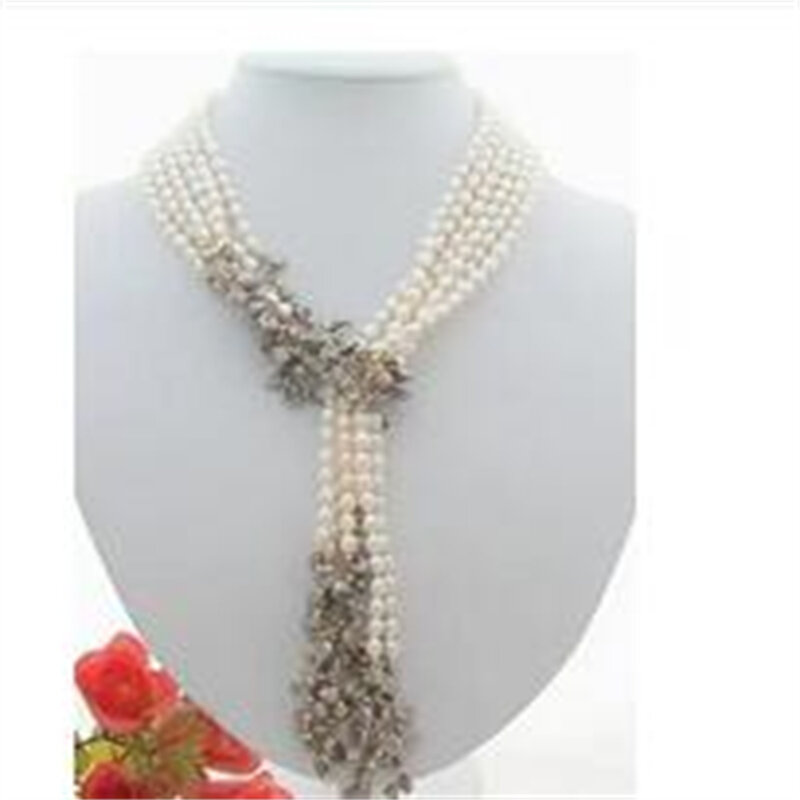 Ожерелье с 3 стразами, жемчужное ожерелье Кеши, 49 дюймов, белый и серый цвета