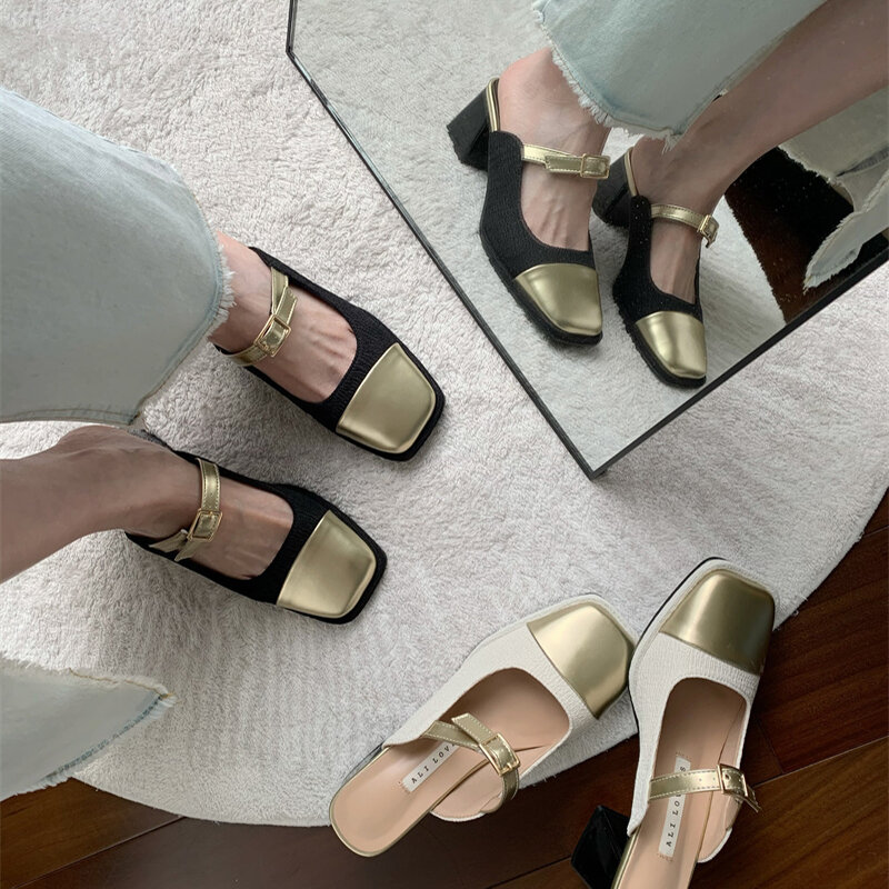 Summer Street Style Slippers Woman Fashion Square Toe Thick Heel Mules Shoes Ladies Party Prom Zapatos De Mujer