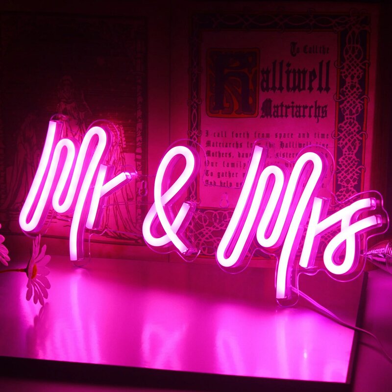 Mr & Mrs Neon Sign LED Quente, Decoração de parede do quarto, USB pendurado luzes acrílicas para casamento, decoração do quarto, lâmpada de arte, logotipo