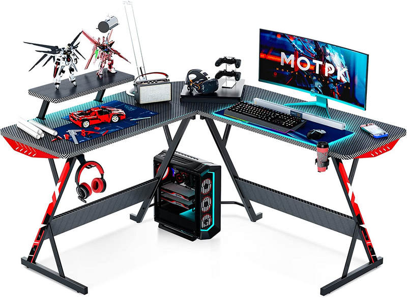L Shaped Gaming Desk with Carbon Fiber Surface, Corner Computer Desk L Shape wit