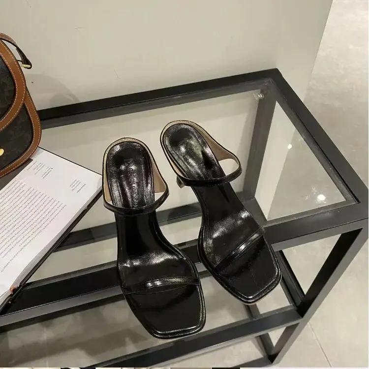 Sandal wanita hitam/perak selop seksi untuk wanita sepatu hak tinggi tipis Pump pesta musim panas sandal kantor meluncur pita sempit
