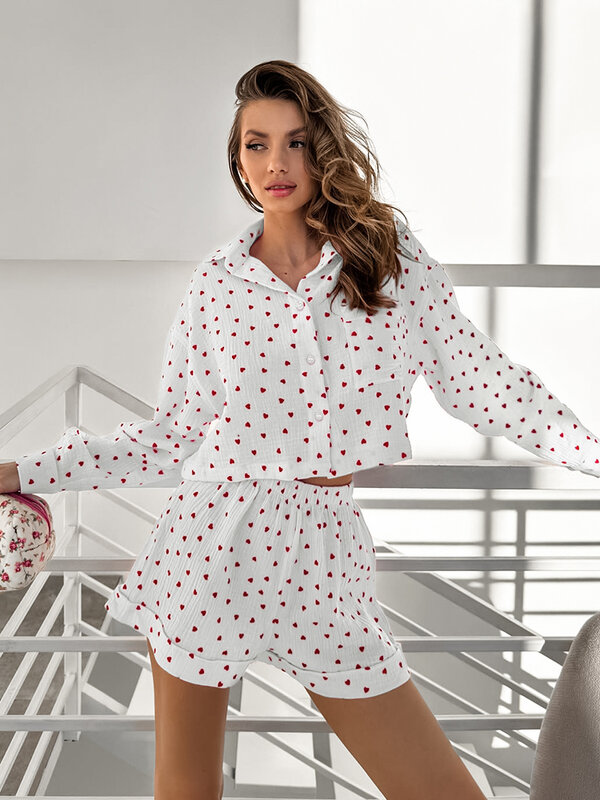 Hiloc Elegant Cotton Print Shorts Sets Pajamas Women Summer Pink Long Sleeve Tops Casual Elastic Waist Shorts Sleepwears Female