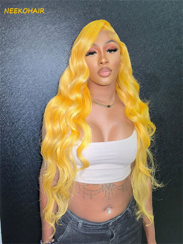 Pelucas de cabello humano con encaje Frontal para mujer, pelo con ondas corporales, transparente, con cierre Frontal o 4x4, color amarillo, 13x6, HD