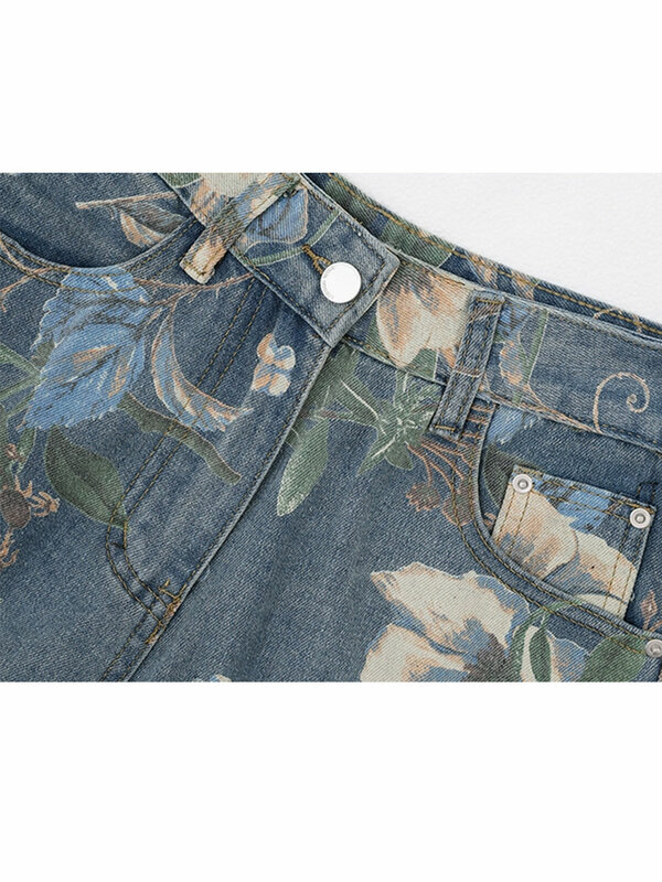 Calça jeans folgada com estampa floral feminina, calça jeans reta Harajuku vintage, Y2K Trashy, japonesa, roupas estilo anos 2000