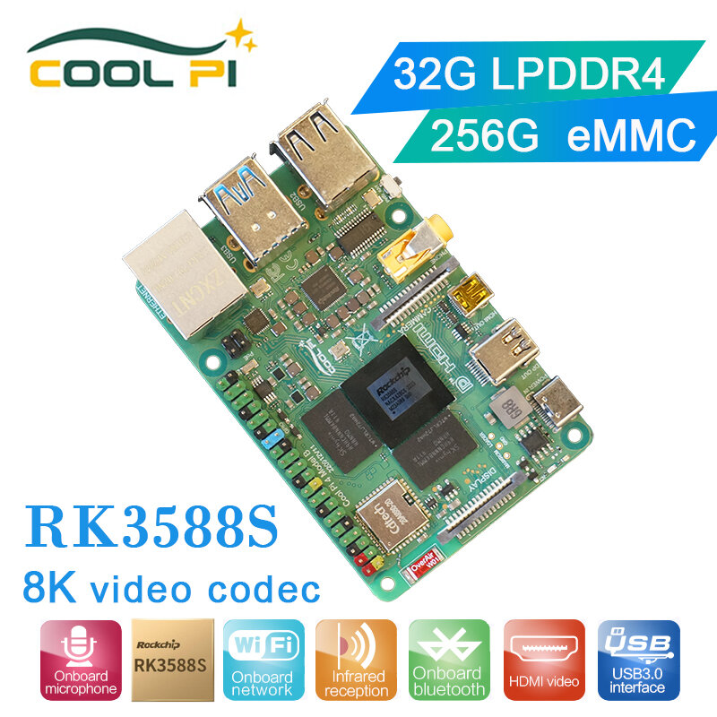 Cool Pi Rockchip RK3588S 5.8G/ 2.4G Wifi + BT Gigabit Ethernet บอร์ดเดี่ยว8-Core 64bit CPU,6 TOPS AI NPU