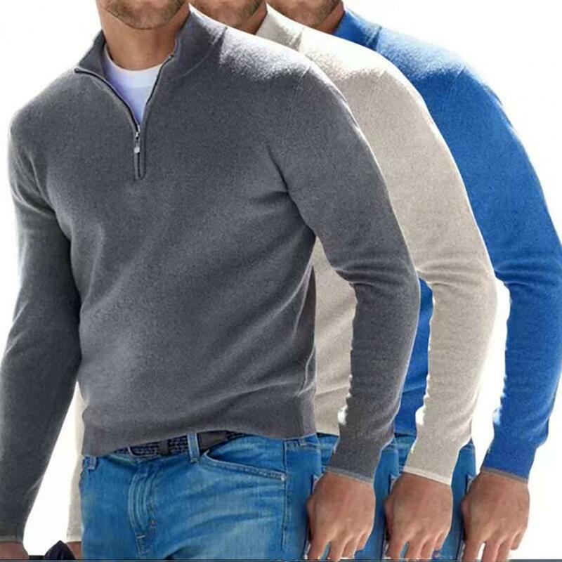 Men Solid Color Sweater Men's Fall Winter Stand Collar Sweater with Zipper Neck Slim Fit Solid Color Elastic Long for Neck