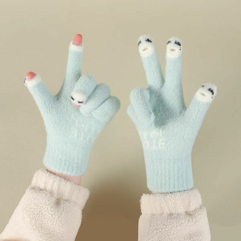 Sarung tangan rajut tanpa jari wanita, sarung tangan ski luar ruangan ujung jari Panda tebal hangat musim dingin