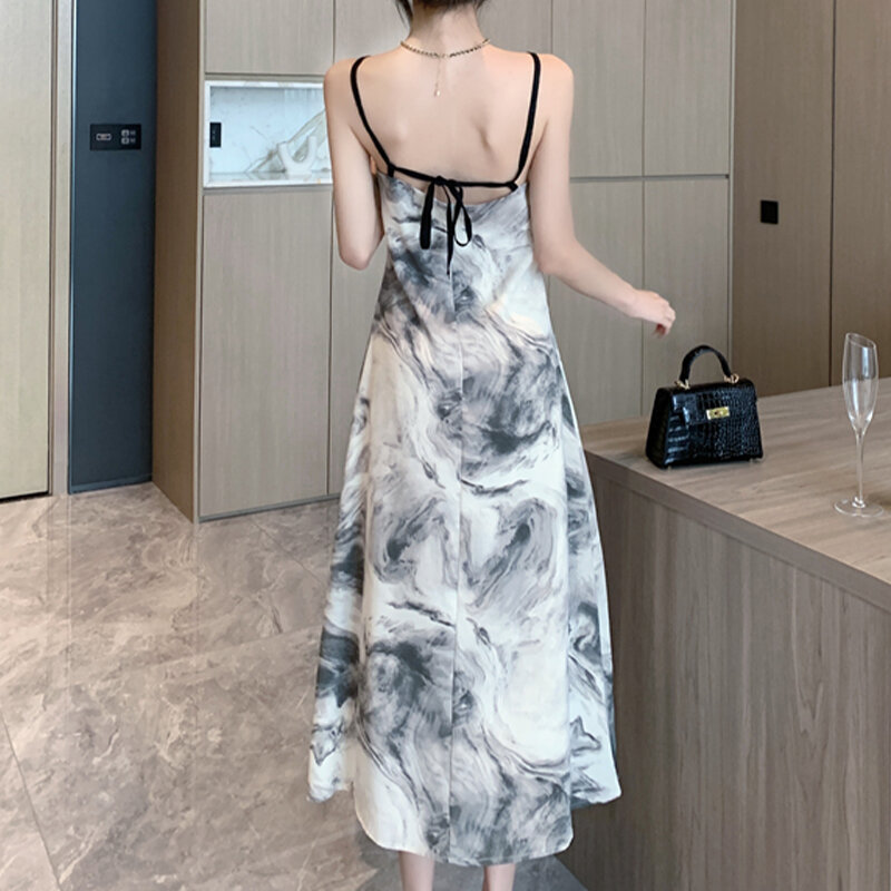 HOUZHOU Sexy Maxi Dress Vintage elegante stampa estetica stile cinese delicato Backless Bandage Fashion Summer Slim Long Dresses