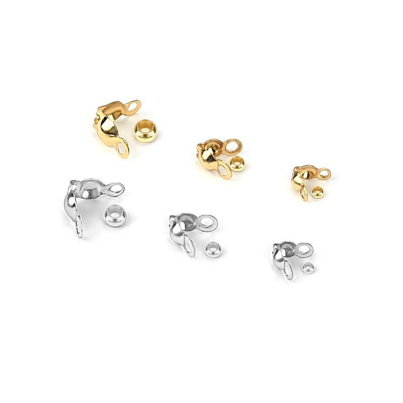 100 buah/lot Kit temuan manik-manik ujung kerut gesper konektor warna emas baja tahan karat gelang DIY perlengkapan pembuatan perhiasan kalung