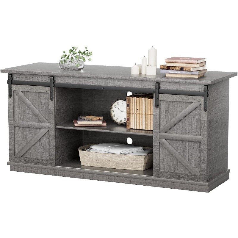 Farmhouse TV Stand and Entertainment Center for Televisions up to 65 Inchs, with Sliding Barn Doors and Storage Cabinets