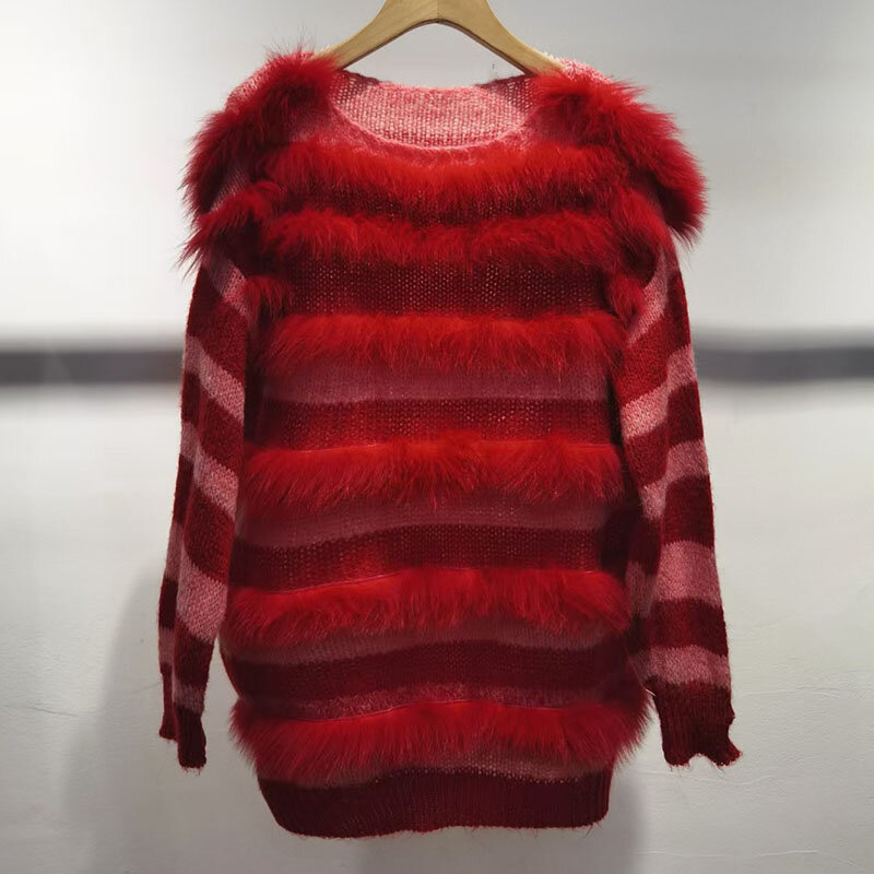 Women Long Knitted Pullover Sweater With Real Fox Fur Stripe Loose O-neck Long Sleeve Autumn Warm Knitted Pull Jumpers Female