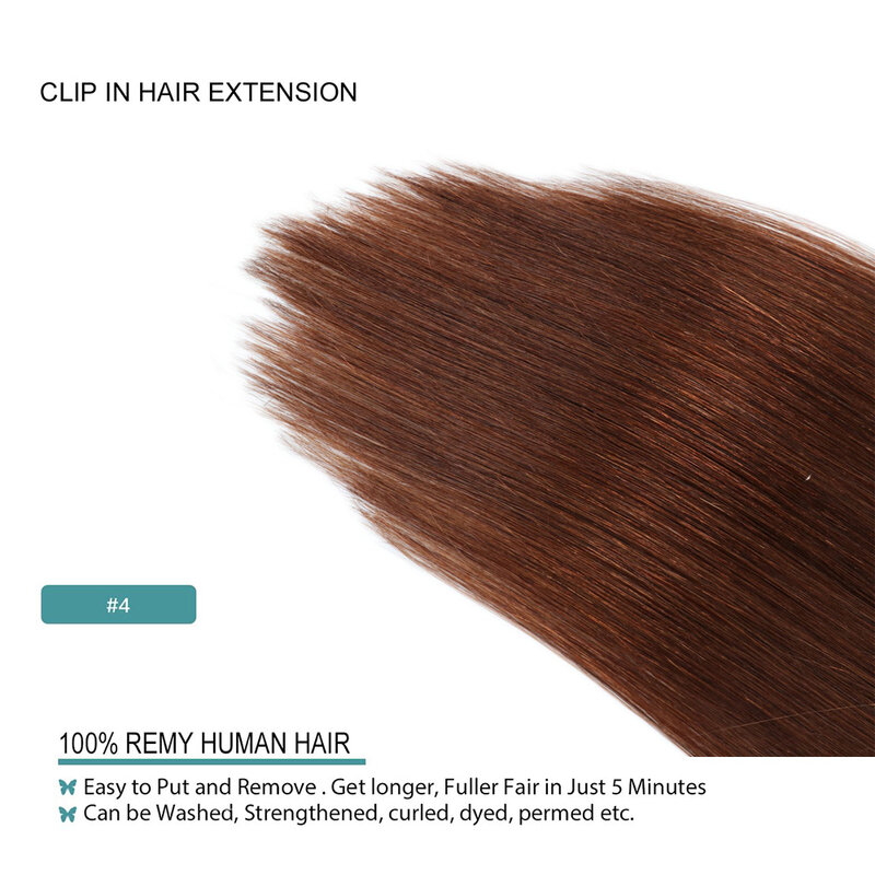 Extensions de cheveux humains à clipser invisibles sans couture, cheveux raides, cheveux Remy, brun moyen #4, 10 pièces par paquet