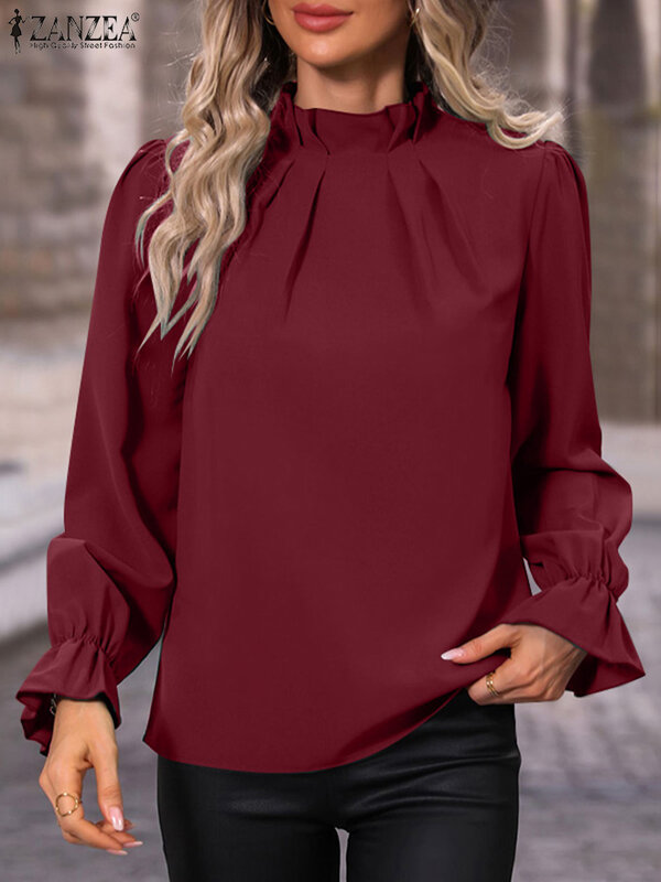 ZANZEA Casual Puff Sleeve Blouse Female Fashion Loose Tops Woman Stand Collar Solid Color Shirt Autumn Elegant OL Office Chemise