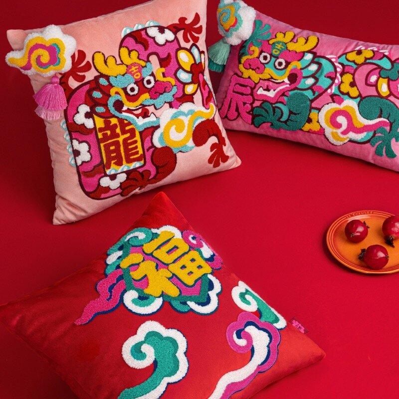 드래곤 베개 조이, 중국 새해 전통 자수 쿠션 케이스, 따뜻한 장식 베개 커버, 소파 홈 장식