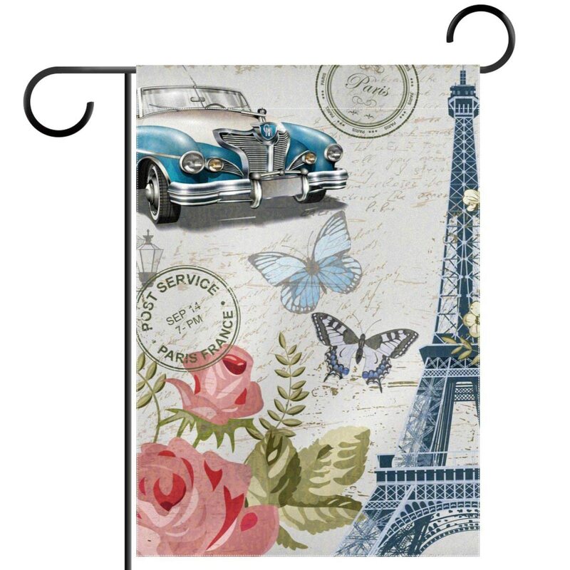 Paris Garden Flags Double Sided Vintage France Eiffel Tower Bicycle Flower Butterfly Yard Flag Home Decor Outdoor Lawn Terrace