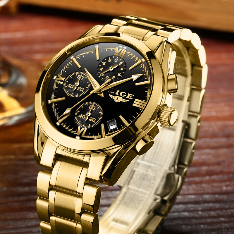Часы наручные LIGE Мужские кварцевые в стиле милитари, спортивные роскошные с хронографом, золотистого цвета, с датой