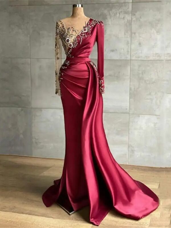 Elegant Red Women Evening Dresses V-Neck Long Sleeves Pleat Prom Gowns Newest Sexy Sequin Bead String Princess Vestidos De Noche