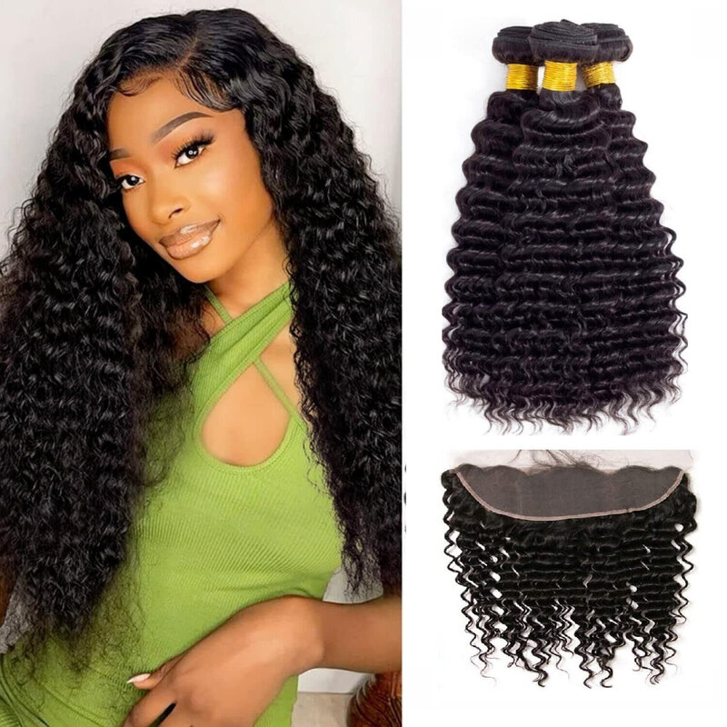 Deep Wave 3 Bundles with Closure Human Hair 100% Brazilian Virgin Remy Hair 13x4 Deep Curly Lace Closure with Baby Hair Natural