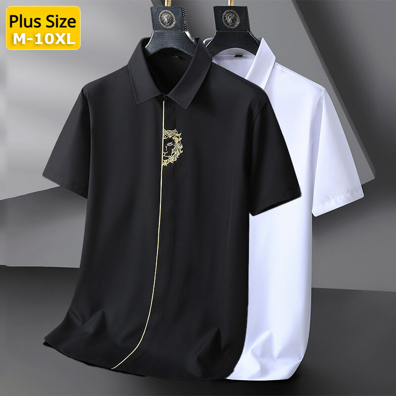 Camisa bordada de manga curta masculina, camisa casual grande, preta e branca, tamanho até 10XL, verão