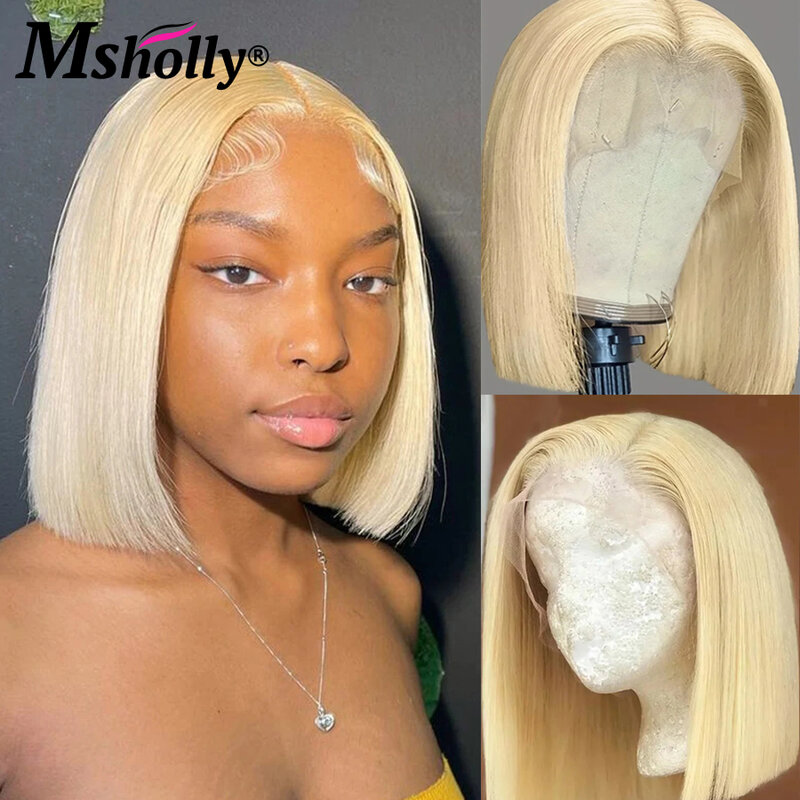 Miodowa blondynka 13x4 HD przezroczysta koronka z przodu ludzkie włosy peruki 613 krótki Bob peruki z prostymi włosami brazylijskie Remy peruki dla kobiet