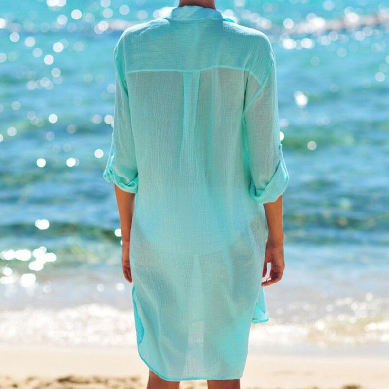 여성용 해변 커버업 반팔 긴 블라우스, 여름 캐주얼 수영복, 루즈한 단색 해변 커버업 블라우스