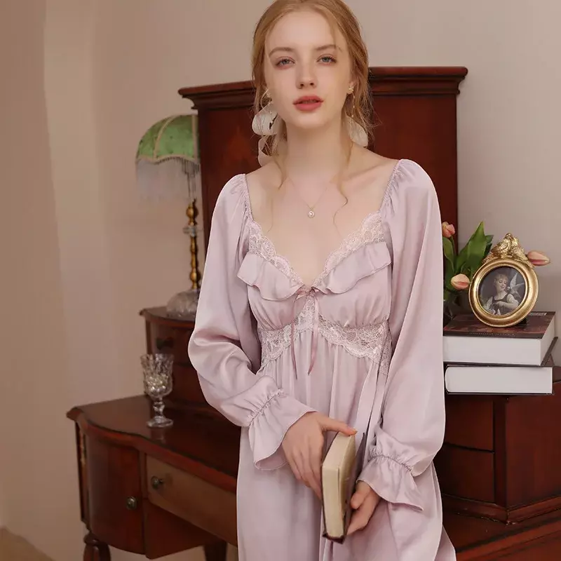 Женская Осенняя шелковая ночная рубашка, Женская атласная ночная рубашка, пикантная Домашняя одежда во французском стиле с длинным рукавом для женщин