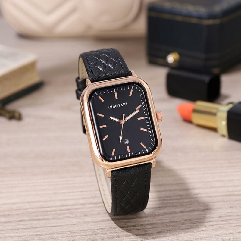 Ladies Square Watch Elegant Ladies Quartz Watch with Rhombus Texture Dial Adjustable Faux Leather Strap Date Display for Women