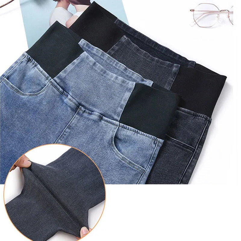 Calças jeans magras de veludo grosso de cintura alta feminina, preto, fino, oversize 38, elástico, patchwork vintage, quente, inverno