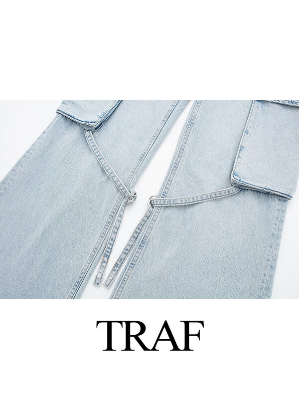 TRAF-Women's Casual Lace Up واسع الساق فضفاض جينز مع جيب ، فضفاض مستقيم السراويل ، بنطلون أنثى ، سيدة ، مكتب ، موضة جديدة ، 2023