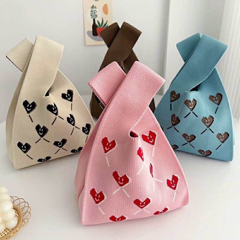 Women'S Knot Wrist Bag Tote Handmade Knitted Bag Portable Mini Striped  Bucket Phone Bags Large Capacity Autumn Winter Handbags