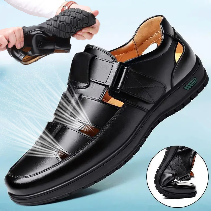 Sapatos de couro oco masculino, sandálias casuais, sapatos de furos respiráveis, verão, 2024