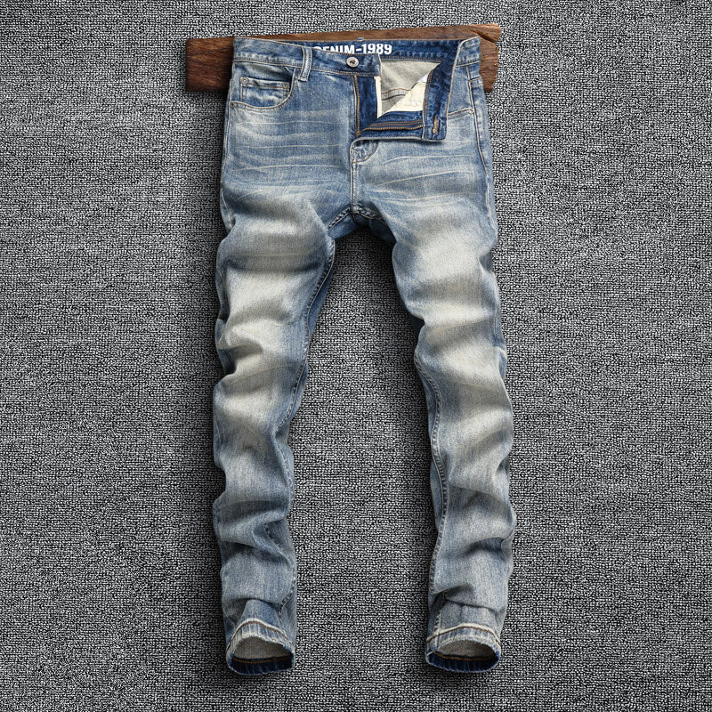 Pantalones vaqueros de moda italiana para Hombre, Jeans rasgados elásticos de alta calidad, Retro, azul, diseño Vintage