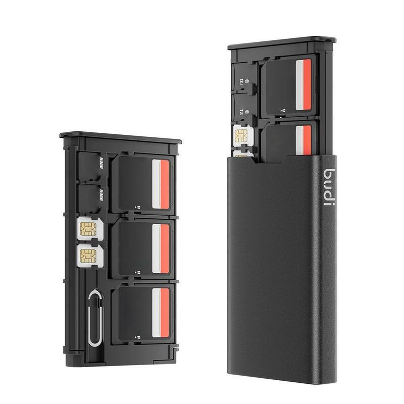 Boîte de rangement pour carte mémoire SD et Micro SD, support de téléphone portable, accessoires en aluminium, antichoc, broche, 17 cartes, BUDI 1