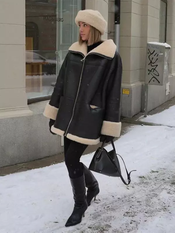 Bont Leren Jas Vrouwen Winter Vintage Casual Losse Motorjas Dames Mode Warme Dikke Revers Rits Pluizige Bovenkleding