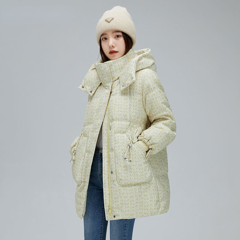 Jaket bulu angsa putih modis untuk wanita versi Korea baru musim dingin jaket bertudung hangat longgar panjang Medium musim dingin