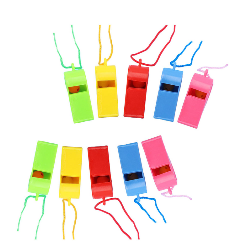 Silbatos de plástico de 24 piezas, silbatos coloridos para repostaje de animación, Silbatos de árbitro, juguete para niños, artículos deportivos (Color aleatorio) con cuerda