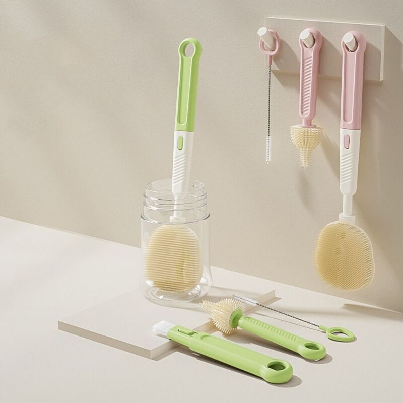 3Pcs/set 360° Rotatable Milk Bottle Brush Set Handheld Long Handle Baby Nipple Brush Kit Silicone Pacifier Cleaning Brush