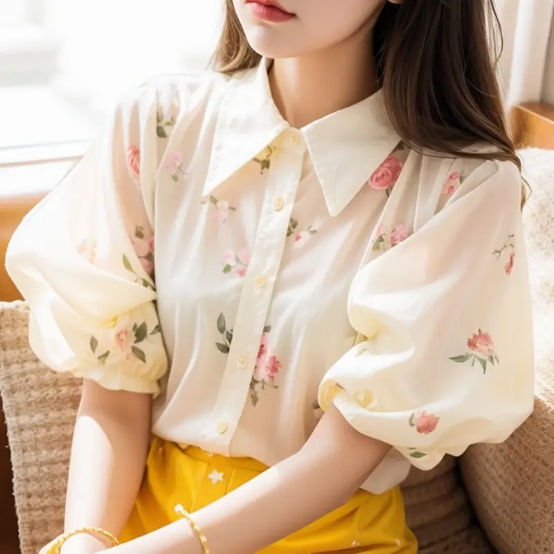 YCMYUNYAN-Chemise en mousseline de soie à manches courtes pour femmes, chemisiers College vintage, mode florale, vêtements d'été