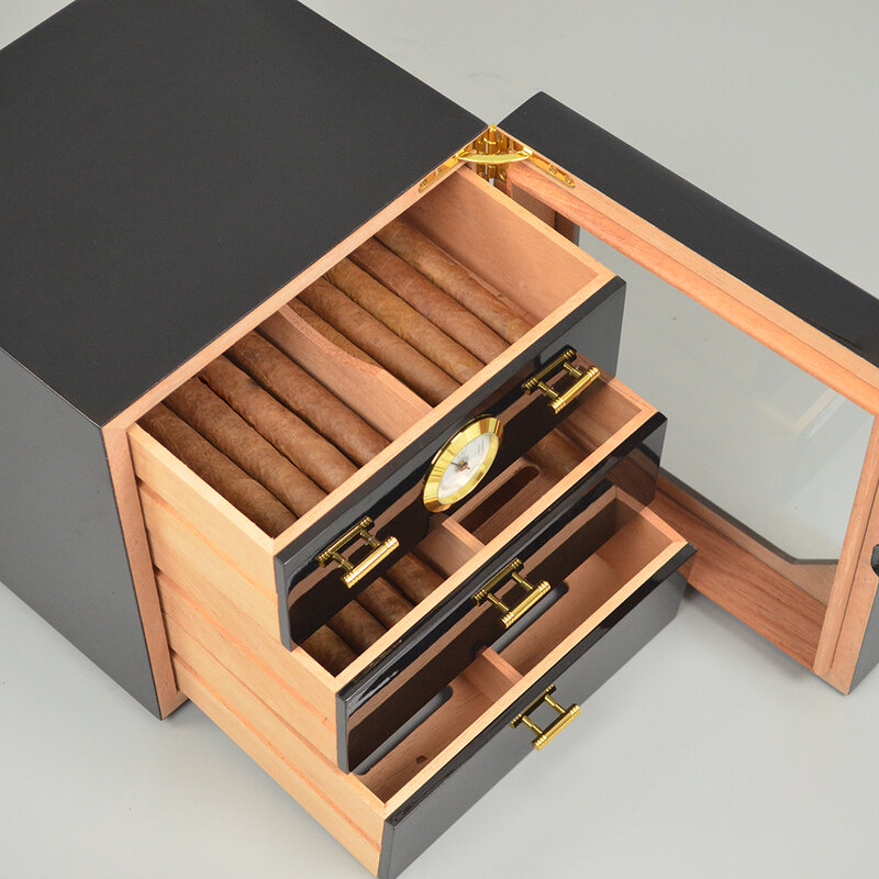 Nuova lacca per pianoforte importa legno di cedro 3 cassetti scatola per sigari in legno di Humidor nero di forma cubica