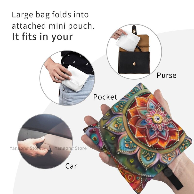 Tas belanja lipat, kantung lipat latar belakang Mandala, warna-warni, tas belanja perjalanan nyaman