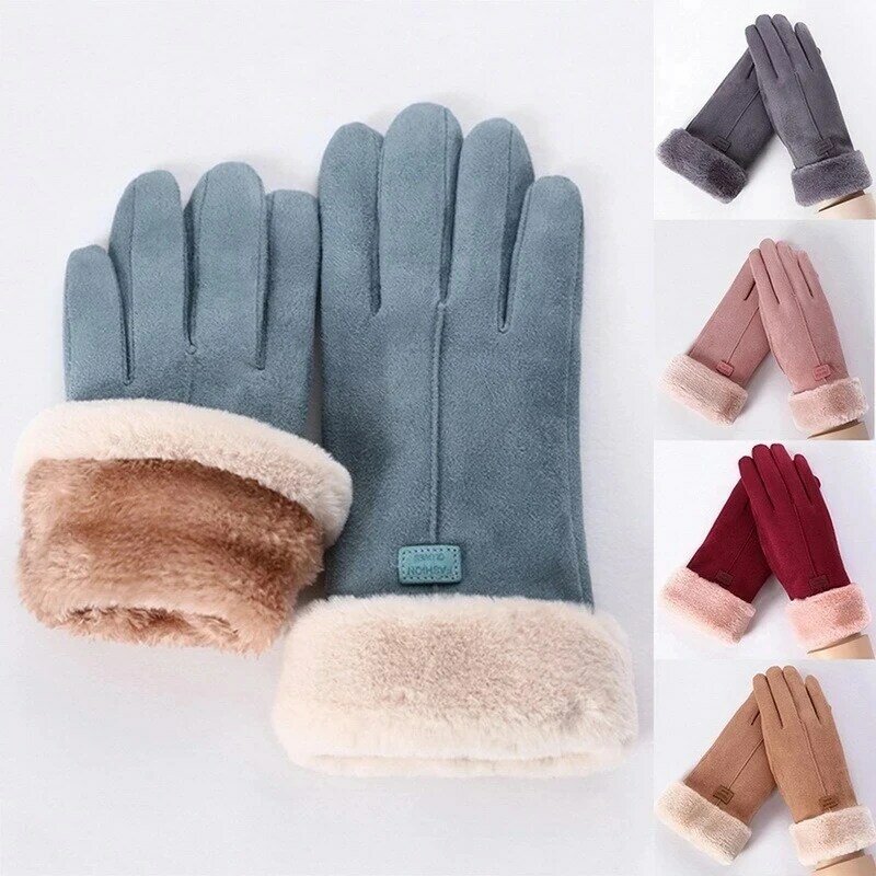 Sarung tangan wanita, baru musim gugur dan musim dingin hangat lucu Suede sarung tangan jari penuh wanita olahraga luar ruangan sarung tangan layar