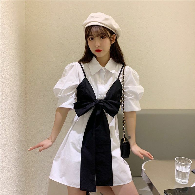 Korean Fashion Solid Color Shirt Women's 2024 Summer New Bubble Sleeves Shirt Dress Bow Strap Two Piece Set Female  Clothing