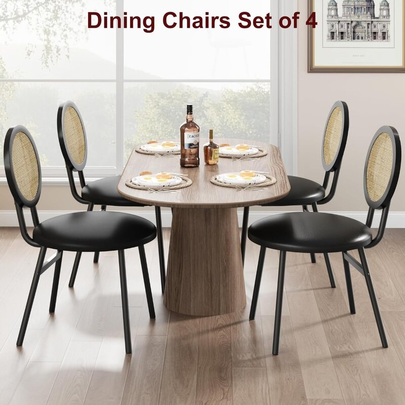 Dining Chairs Set of 4, Rattan Kitchen Chairs with Thicken Upholstered, Modern Black Dining Room Chairs Set of 4, Space Saving